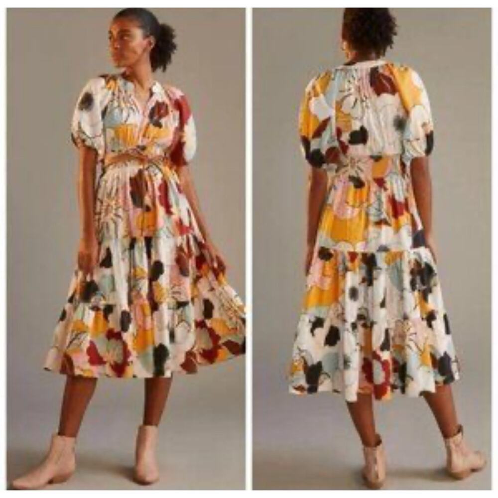 Anthropologie‎ Conditions Apply Puff Sleeved Midi Dress Multicolor Floral 12